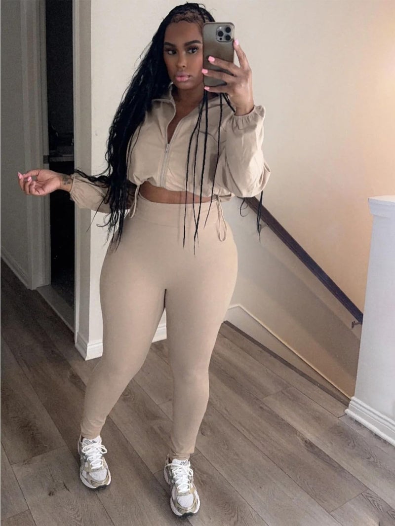 Uni Clau Women 2 Piece Outfits Tracksuit Drawstring Long Sleeve Zip Up Crop Jacket with Bodycon Long Pant Set Sweatsuit Clothes Khaki - Image 3