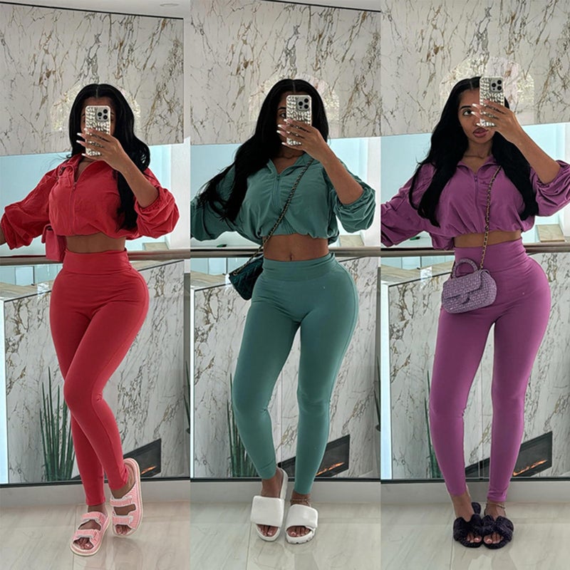 Uni Clau Women 2 Piece Outfits Tracksuit Drawstring Long Sleeve Zip Up Crop Jacket with Bodycon Long Pant Set Sweatsuit Clothes Khaki - Image 4
