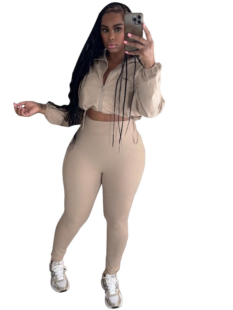 Uni Clau Women 2 Piece Outfits Tracksuit Drawstring Long Sleeve Zip Up Crop Jacket with Bodycon Long Pant Set Sweatsuit Clothes Khaki - Image 1