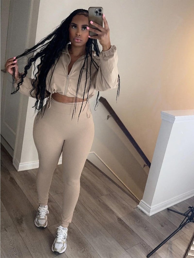 Uni Clau Women 2 Piece Outfits Tracksuit Drawstring Long Sleeve Zip Up Crop Jacket with Bodycon Long Pant Set Sweatsuit Clothes Khaki - Image 2