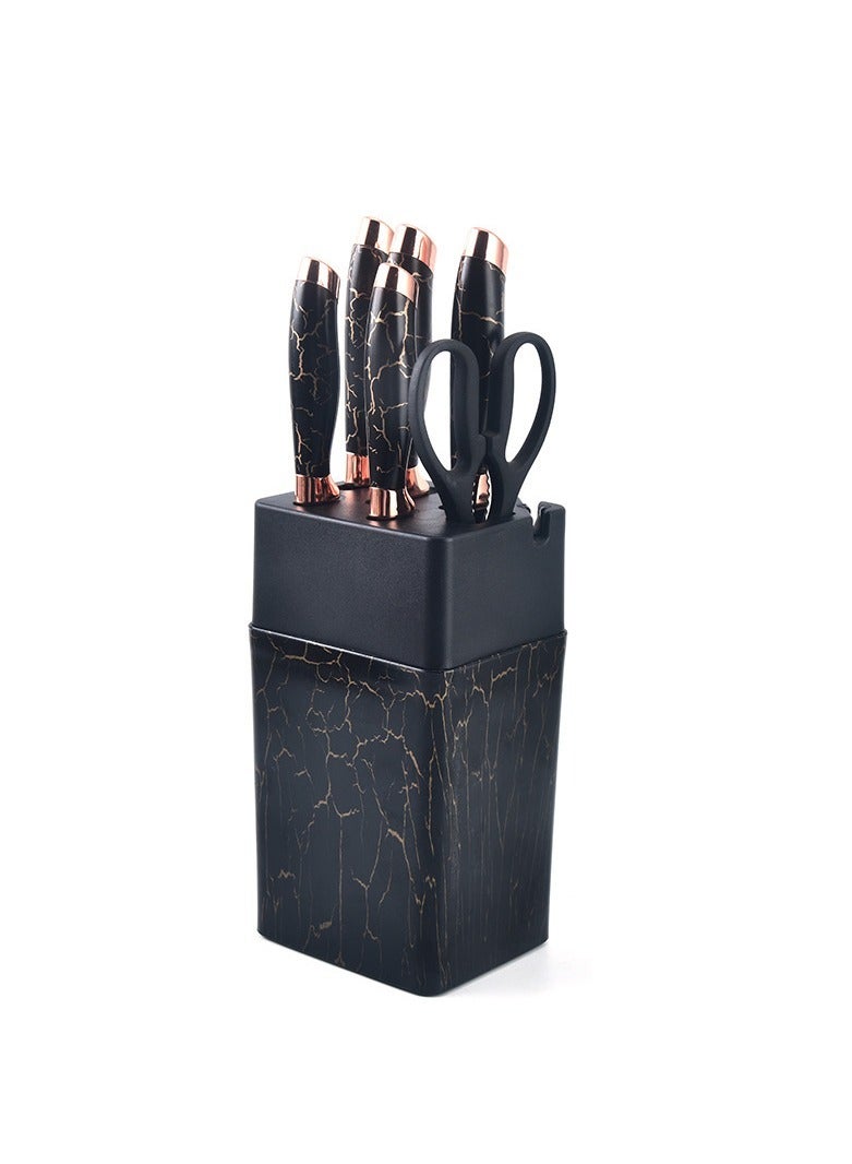 Marbled set of knives kitchen rose gold rotating square seat 7-piece set  - Image 1
