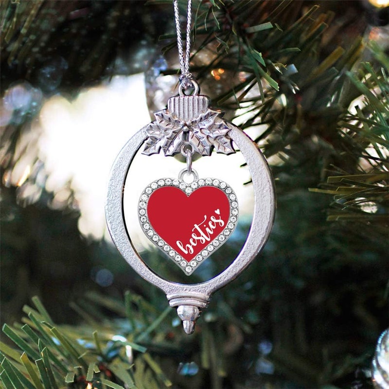Inspired Silver - Besties - Red - Silver Christmas Ornament - Open Heart Charm Christmas Tree Ornament with Cubic Zirconia - Holiday Hanging Decoration - Image 2