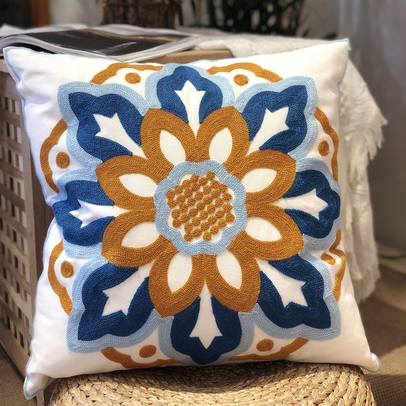 KITTMIN Outdoor Embroidered Floral Throw Pillow Covers 18x18 Inch Cotton Canvas Boho Chic Cushion Cases for Patio Garden  Balcony Sunflower