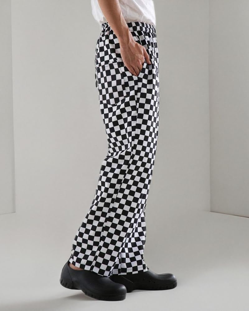 Nideen Men’s Black and White Checkerboard Print Chef Pants with Elastic Waist Drawstring Baggy Chef Uniforms - Image 3