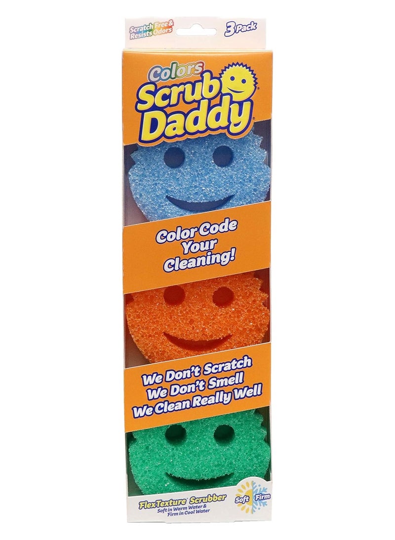 Scrub Daddy Sponge Set - Colors - Scratch-Free Sponges for Dishes and Home, Odor Resistant, Soft in Warm Water, Firm in Cold, Deep Cleaning, Dishwasher Safe, Multi-use, Functional, Ergonomic, 3ct