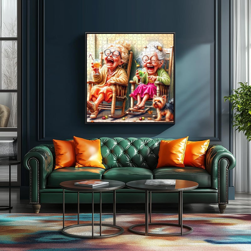 MINIWAN 500 Piece Jigsaw Puzzle for Adults Seniors Joyful Moments Heartwarming Porch Scene Laughing Friends, Yorkshire Terrier Rocking Chairs Relaxing Puzzle for Women, Best Friends & Families (23x15 Inches) - Image 4