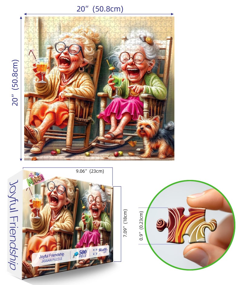 MINIWAN 500 Piece Jigsaw Puzzle for Adults Seniors Joyful Moments Heartwarming Porch Scene Laughing Friends, Yorkshire Terrier Rocking Chairs Relaxing Puzzle for Women, Best Friends & Families (23x15 Inches) - Image 2