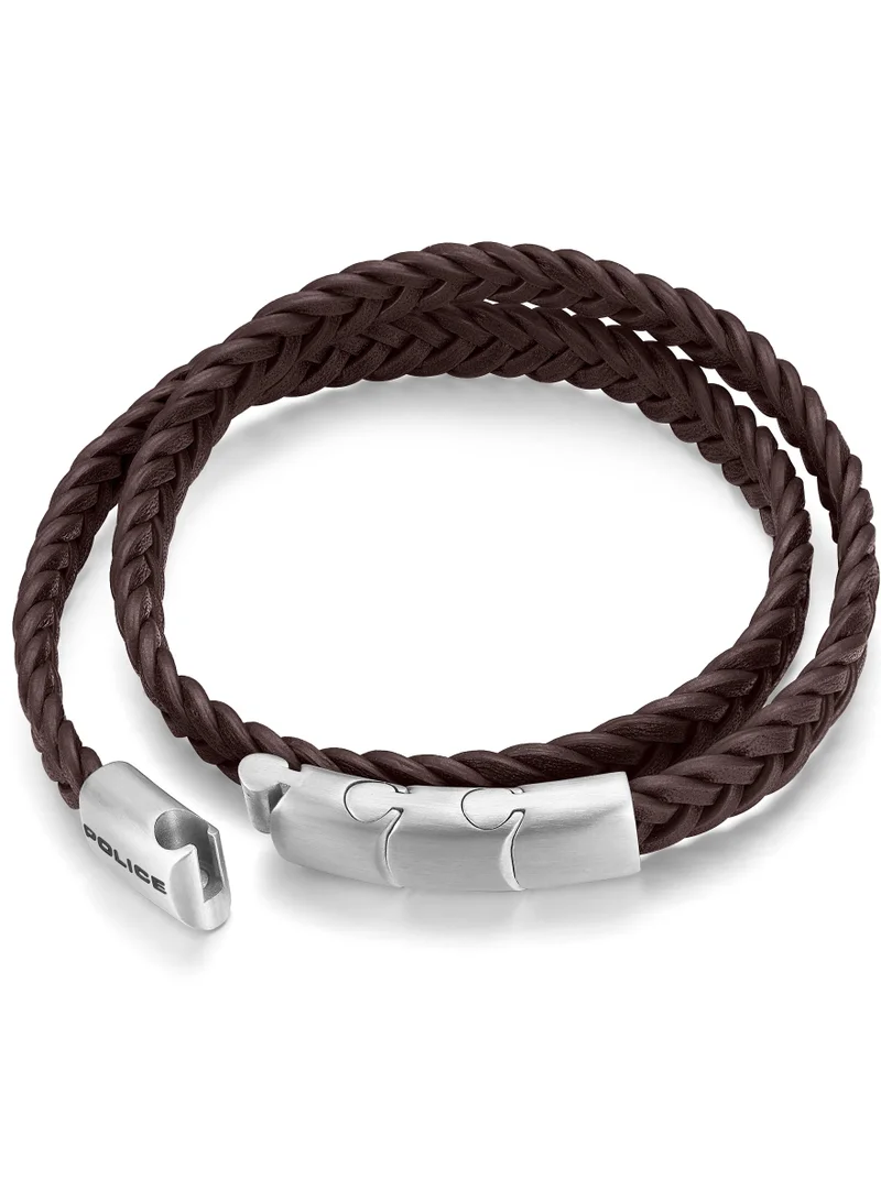 POLICE Braid Dark Brown Leather Stainless Steel Gents Bracelet
