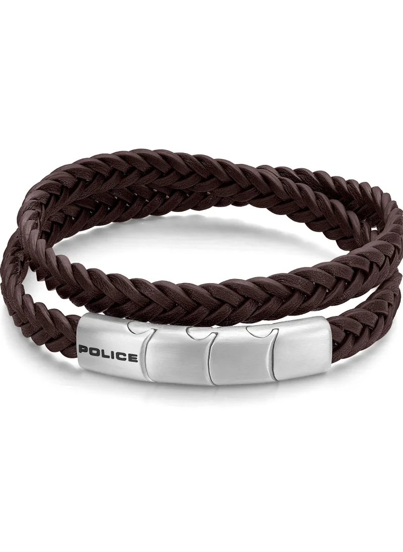 بوليس Police Braid Dark Brown Leather Stainless Steel Gents Bracelet