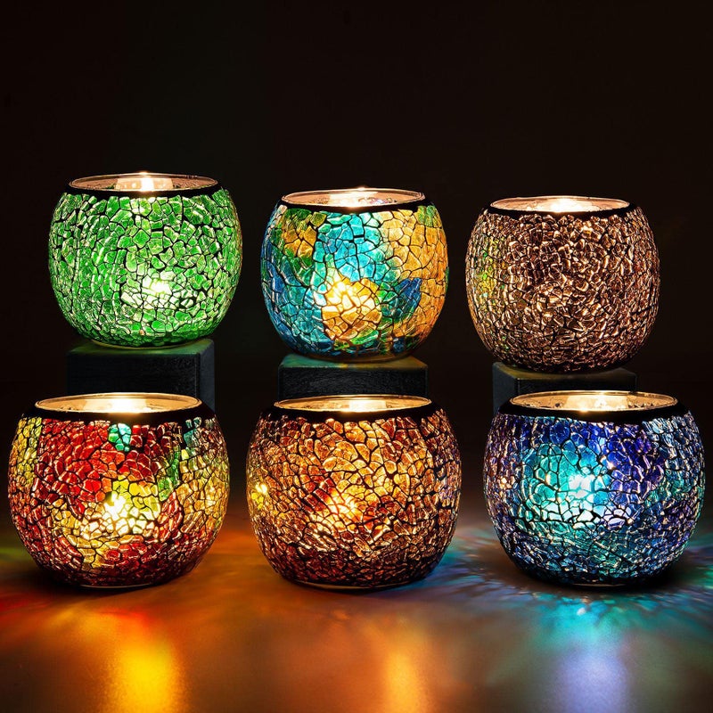 Rancco Glass Votive Candle Holder for Tealight 6 Set Romantic Stained Mosaic Tealight Candle Holders Handmade Cracked Aromatherapy Candle Lamp for Valentine Party Christmas Table Centerpiece Decor