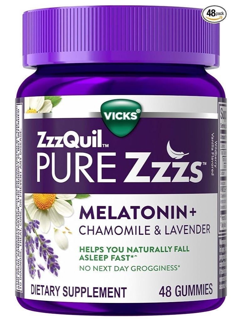 Vicks ZzzQuil PURE Zzzs, Melatonin+Chamomile & Lavender Melatonin 2mg, 48 Gummies - Image 2