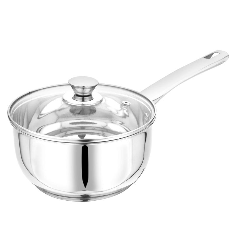 Pristine Try Ply Induction Bottom Stainless Steel Sauce Pan With Knob Glass Lid Induction And Gas Stove Compatible 1 Liter Silver - Image 1