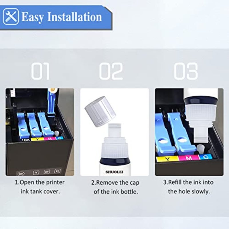 زجاجة حبر لطابعات سلسلة Epson L1200/L3100، حبر قائم على الصبغة، أسود/سماوي/أصفر/أرجواني، عبوة من 4 قطع عالية الإنتاجية متوافقة مع C13T00S64A - Image 4