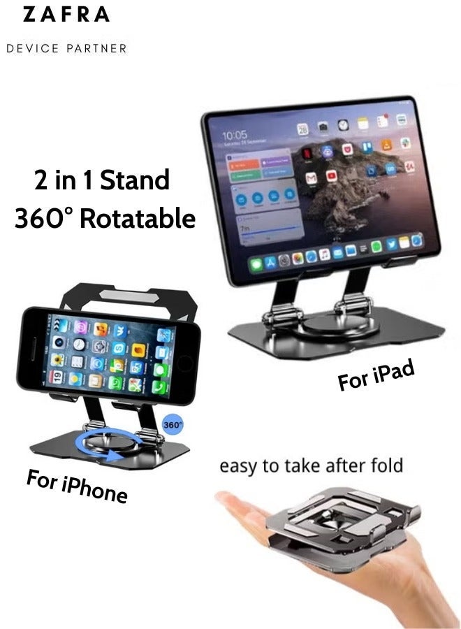 ZAFRA Metal iPad Stand Foldable Tablet Stand 360 Rotation Adjustable iPad Pro Stand,Multi-Angle Tablet Stand for Desk - Image 1
