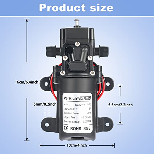 VerRich DC 12V Water Pump 70W 6A Diaphragm Pump Self Priming Sprayer Pump 6 L/Min 0.9MPA 131 PSI for RV Camper Marine Boat Garden - Image 2