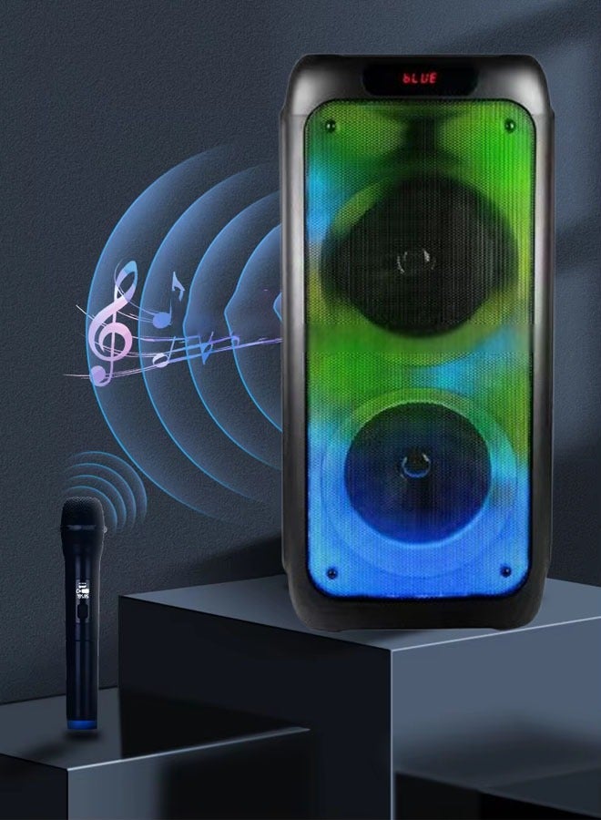 Portable Party Speaker With Wireless Mic Powerful Sound Built-In DJ Lights LED Display Bluetooth FM USB Functions Built In Lights  Splashproof  Guitar Mic Inputs  Rechargeable Battery  Black - Image 1
