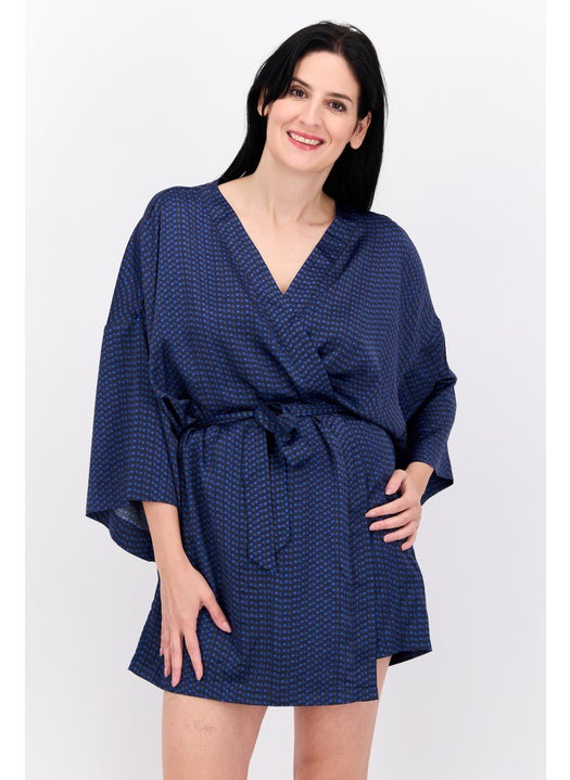 Women Allover Print Belted Bath Robe, Blue