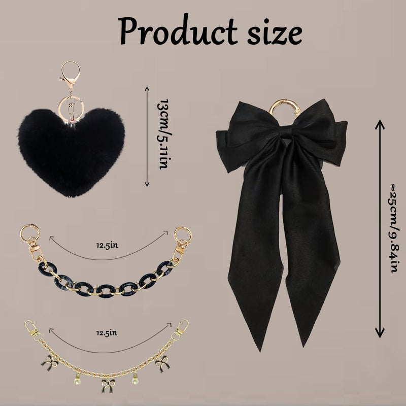 CuddleJunk Bag Charms for Tote Bags, Satin Bow Keychain Kit Accessories for Yeti Camino Bogg Bag, Fluffy Ball Gold Chains Charms for Beach Bag (Black) - Image 2