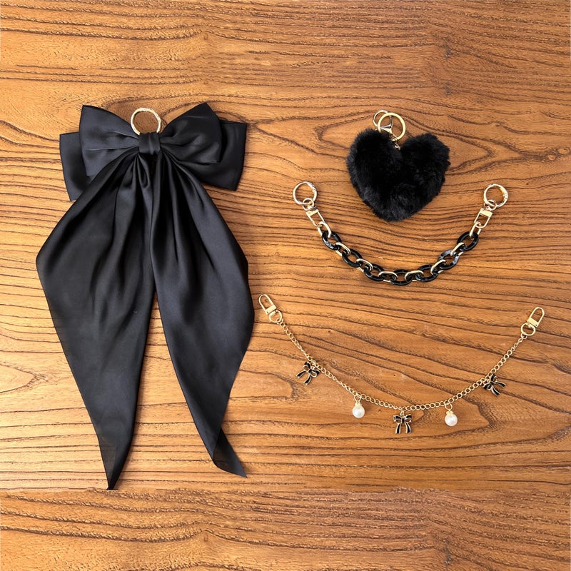 CuddleJunk Bag Charms for Tote Bags, Satin Bow Keychain Kit Accessories for Yeti Camino Bogg Bag, Fluffy Ball Gold Chains Charms for Beach Bag (Black) - Image 3