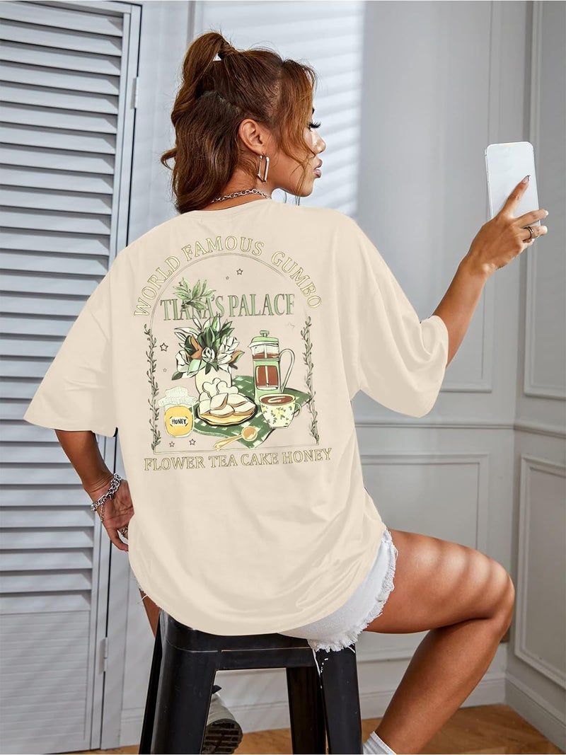 FAYALEQ Oversized Magic Kingdom Shirts for Women Princess Shirt Magical Kingdom Tees Flower Tea Cake Honey Graphic Short Sleeve Tops - Image 5