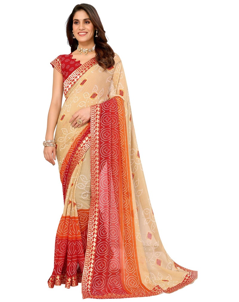 Yashika Women's latest Georgette Saree With Lace and Blouse Material (AZ-YS-P1-KORAM CHIKU RED) - Image 1