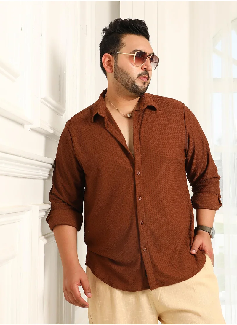 انستافاب بلس Instafab Plus Men's Chocolate Brown Gridveil-Tactile Shirt For Casual Wear | Spread Collar | Long Cuffed Sleeves | Button Closure | Plus Size Shirt Crafted With Comfort Fit For Everyday Wear