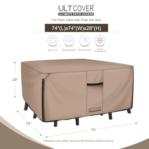 ULTCOVER Square Patio Heavy Duty Table Cover - 600D Tough Canvas Waterproof Outdoor Dining Table and Chairs General Purpose Furniture Cover Size 74 inch - Image 2