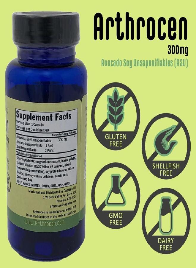Arthrocen Joint Health Supplement, 300Mg Avocado Soy Unsaponifiable, Non-GMO, Dairy Free, Gluten Free & Shellfish Free, 60 Day Supply, One Capsule Per Day (2 Months)… - Image 3