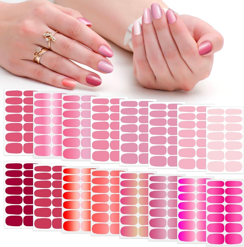 SILPECWEE 16 Sheets Nail Polish Stickers Nail Wraps for Women Gradient Color Gel Nail Stickers Self Adhesive Nail Polish Strips Fingernail Sticker with Nail File (Pink Style)