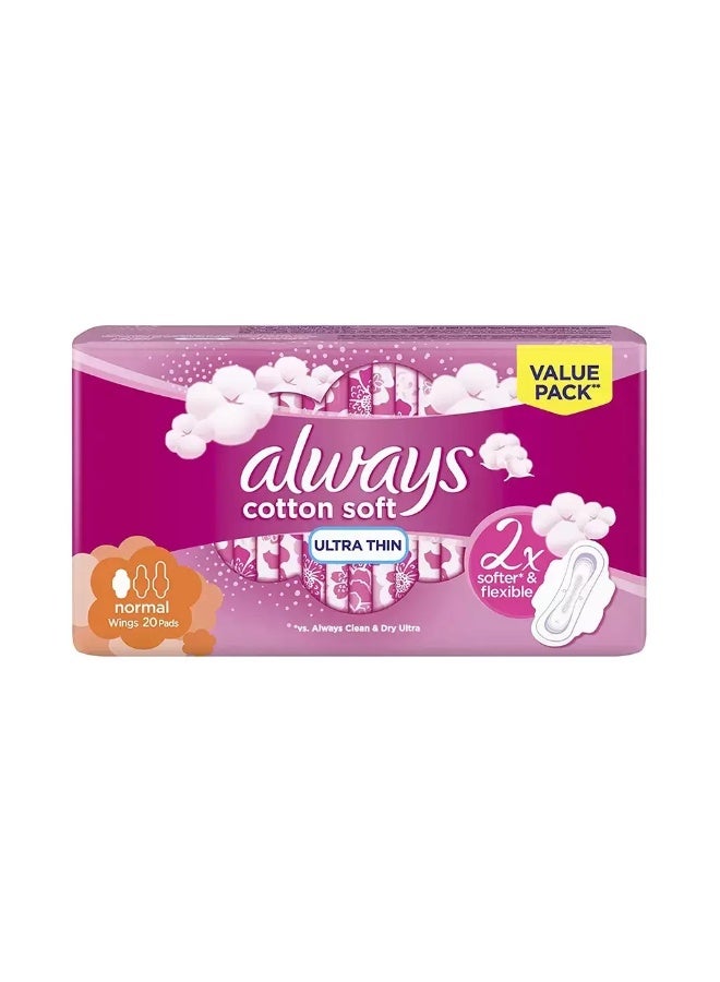 Always Ultra Cotton Soft Sanitary Pads With Wings, Normal- Pack of 20 Pcs - Image 1