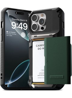 VRS Design Damda Glide Pro iPhone 16 Pro MAX Case Cover Wallet with Semi Automatic Credit Card Holder Slot [4 Cards] - Metallic Green Groove  - Image 1