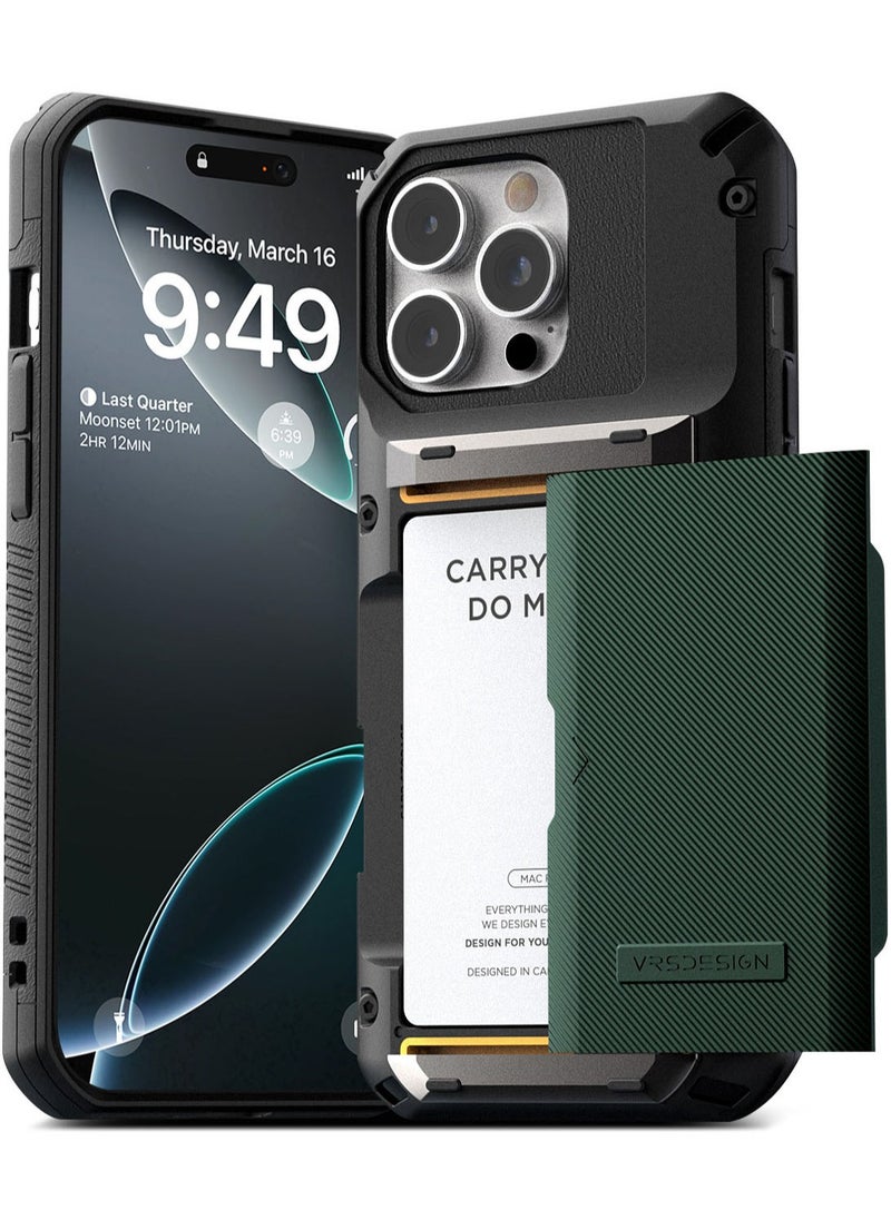 VRS Design Damda Glide Pro iPhone 16 Pro MAX Case Cover Wallet with Semi Automatic Credit Card Holder Slot [4 Cards] - Metallic Green Groove  - Image 1