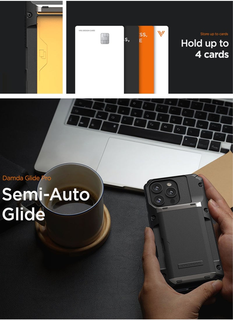 VRS Design Damda Glide Pro iPhone 16 Pro MAX Case Cover Wallet with Semi Automatic Credit Card Holder Slot [4 Cards] - Metallic Green Groove  - Image 3