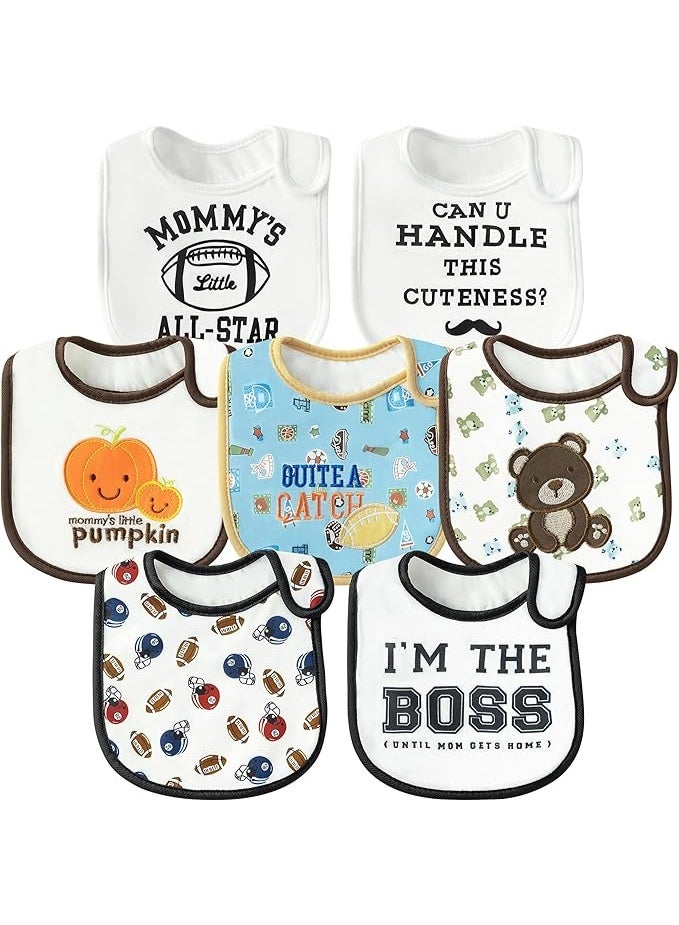 2ooya 7Pcs Cotton Waterproof Baby Bibs Adjustable Hook Loop Closure Infant Bib Autumn Pumpkin Football Newborn Babies Food Bibs Keepsake Baby Gift for 6-12 Months Baby Teething Drooling Feeding Eating - Image 1