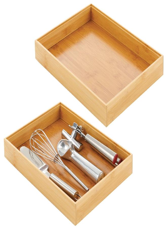 mDesign Bamboo Wood Stackable Drawer Organizer Bin Box for Kitchen; Holds Silverware, Cutlery, Utensils - Echo Collection - 2 Pack - Natural - Image 1