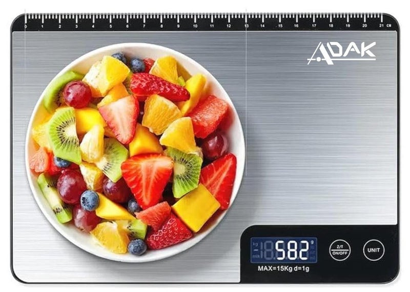 أداك ميزان مطبخ رقمي من أداك، مصنوع من الفولاذ المقاوم للصدأ للخبز وطهي الأطعمة الصحية، بسعة 15 كجم، يقيس بالجرام والأونصة، 6 وحدات تحويل، مقاوم للماء - Image 1