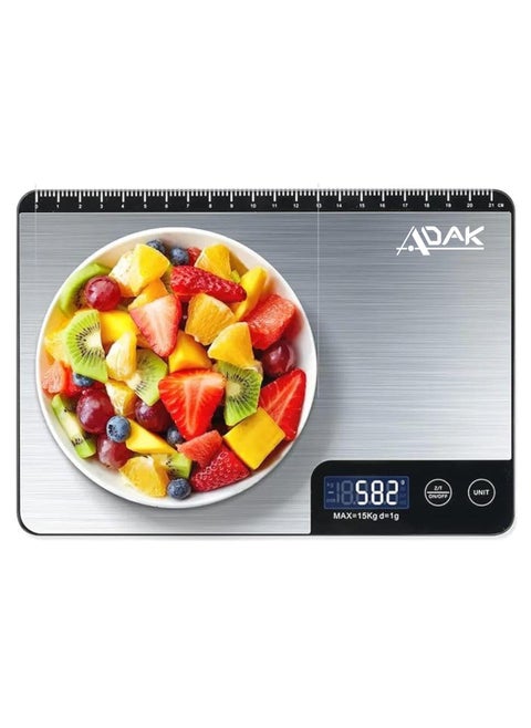 Adak Digital Kitchen Scale, Stainless Steel for Baking & Cooking Healthy Food, 15Kg Capacity, Measures in Grams and Ounces 6 Units Conversion, Water Proof