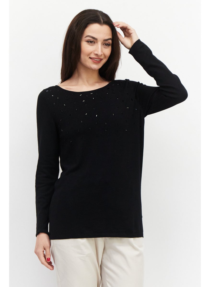 ESPRIT Women Boat Neck Textured Sweaters, Black  - Image 1
