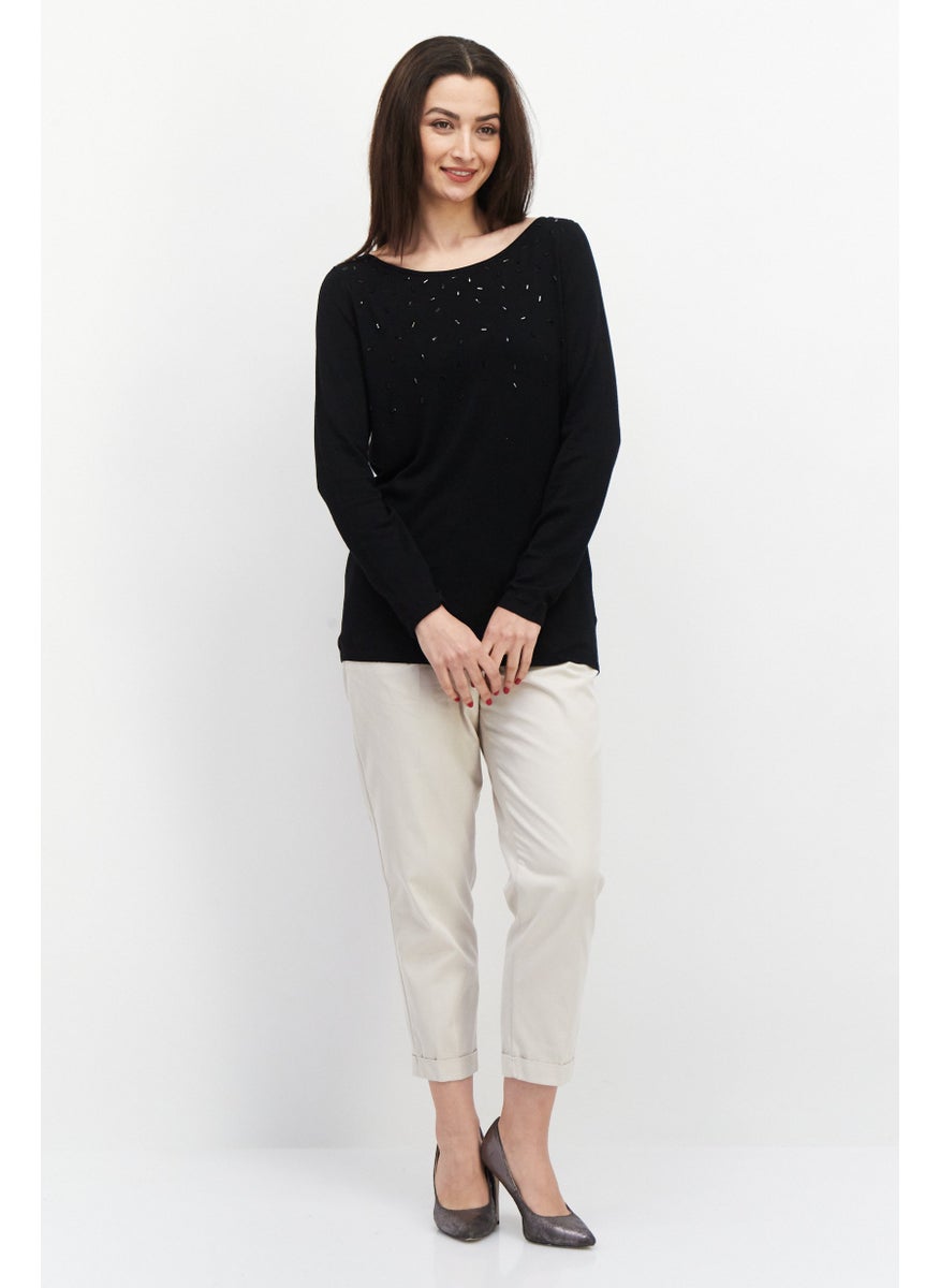 ESPRIT Women Boat Neck Textured Sweaters, Black  - Image 3