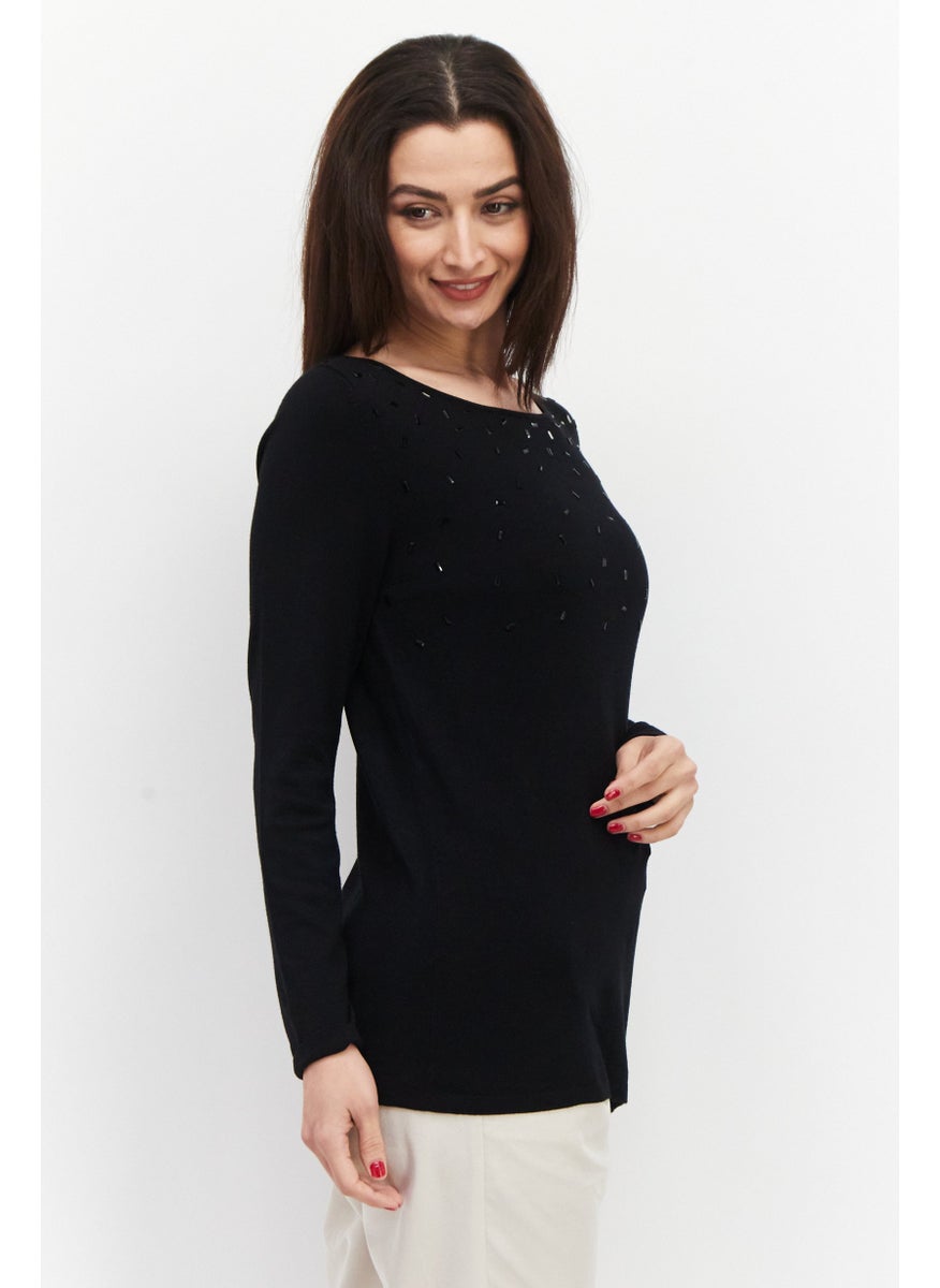 ESPRIT Women Boat Neck Textured Sweaters, Black  - Image 4
