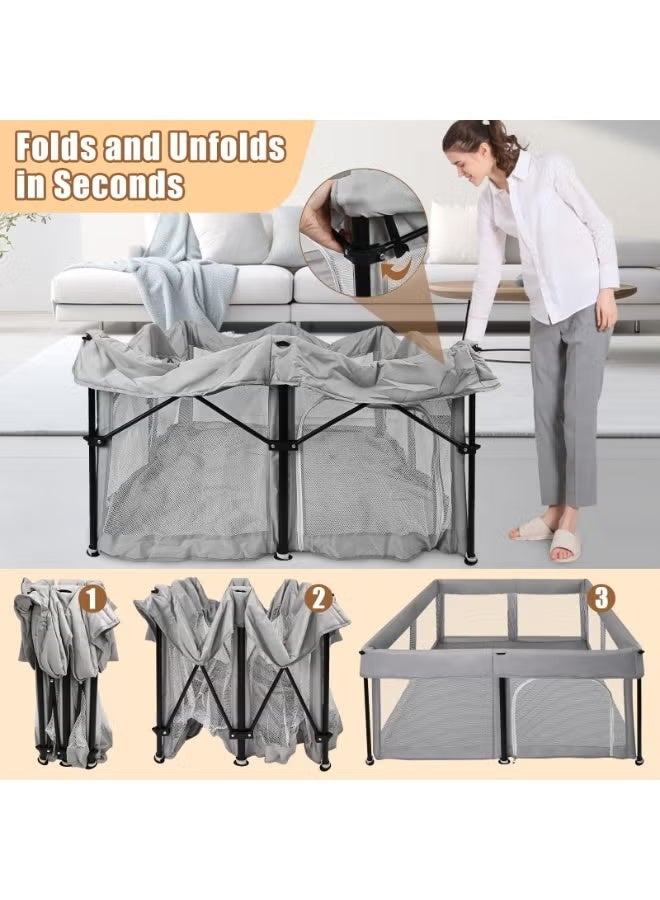 والالا حظيرة لعب للأطفال قابلة للطي مع حصيرة، سياج آمن متين محمول مع شبكة مرئية قابلة للتهوية، باب بسحاب، حقيبة تخزين مع 20 كرة محيطية، ساحة لعب داخلية وخارجية، رمادي غامق 127*127*66 سم - Image 5