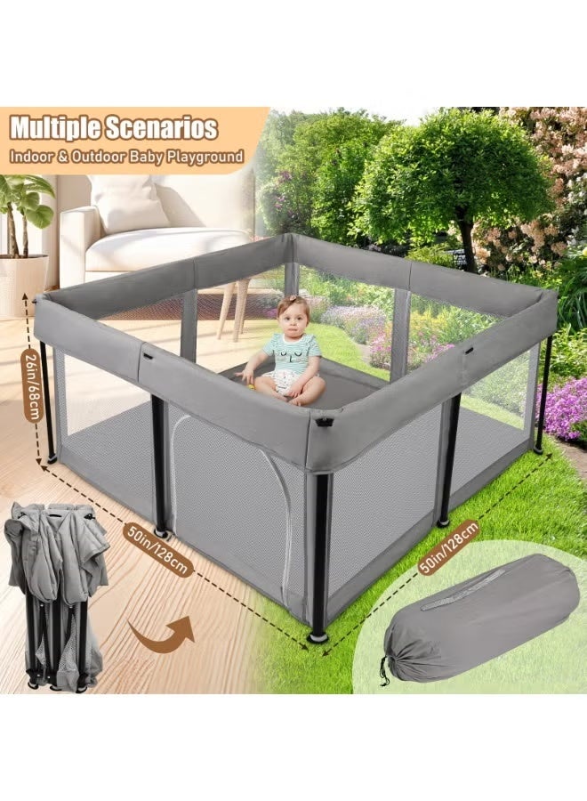 والالا حظيرة لعب للأطفال قابلة للطي مع حصيرة، سياج آمن متين محمول مع شبكة مرئية قابلة للتهوية، باب بسحاب، حقيبة تخزين مع 20 كرة محيطية، ساحة لعب داخلية وخارجية، رمادي غامق 127*127*66 سم - Image 4