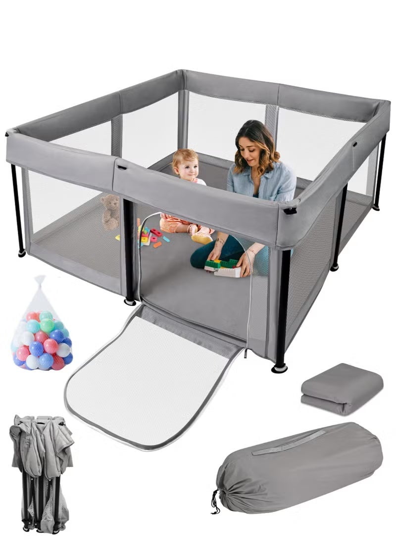والالا حظيرة لعب للأطفال قابلة للطي مع حصيرة، سياج آمن متين محمول مع شبكة مرئية قابلة للتهوية، باب بسحاب، حقيبة تخزين مع 20 كرة محيطية، ساحة لعب داخلية وخارجية، رمادي غامق 127*127*66 سم - Image 1