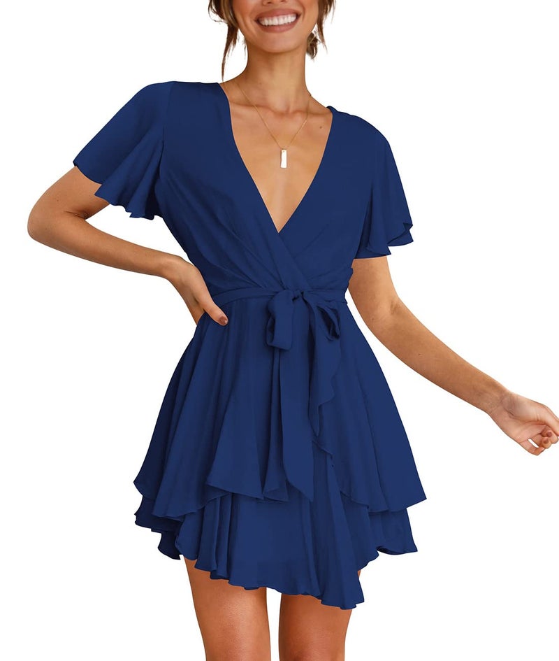 Cosonsen Womens Cute Dresses Short Sleeve Deep V-Neck Tie Waist Short Dress Navy XXL - Image 5