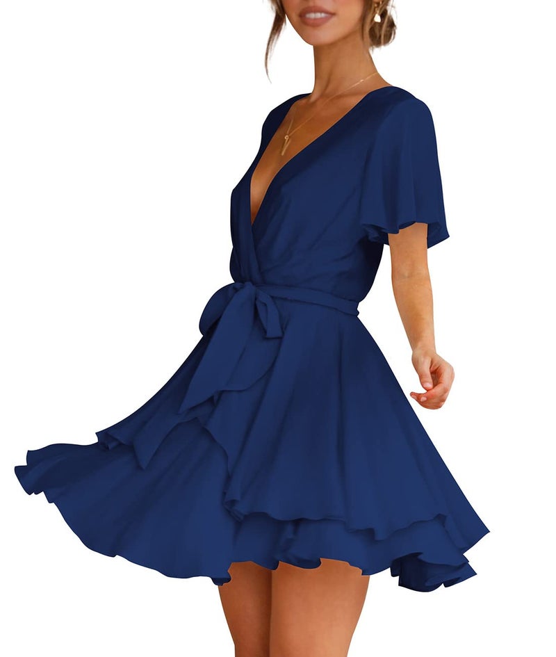 Cosonsen Womens Cute Dresses Short Sleeve Deep V-Neck Tie Waist Short Dress Navy XXL - Image 2