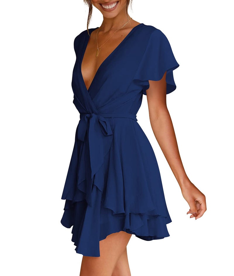 Cosonsen Womens Cute Dresses Short Sleeve Deep V-Neck Tie Waist Short Dress Navy XXL - Image 4