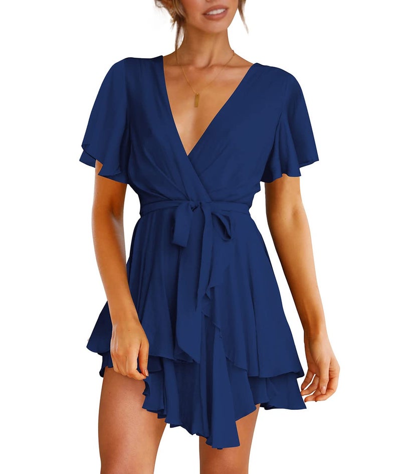 Cosonsen Womens Cute Dresses Short Sleeve Deep V-Neck Tie Waist Short Dress Navy XXL - Image 1
