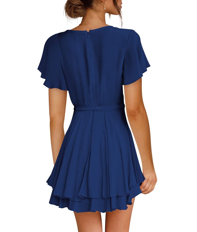 Cosonsen Womens Cute Dresses Short Sleeve Deep V-Neck Tie Waist Short Dress Navy XXL - Image 3