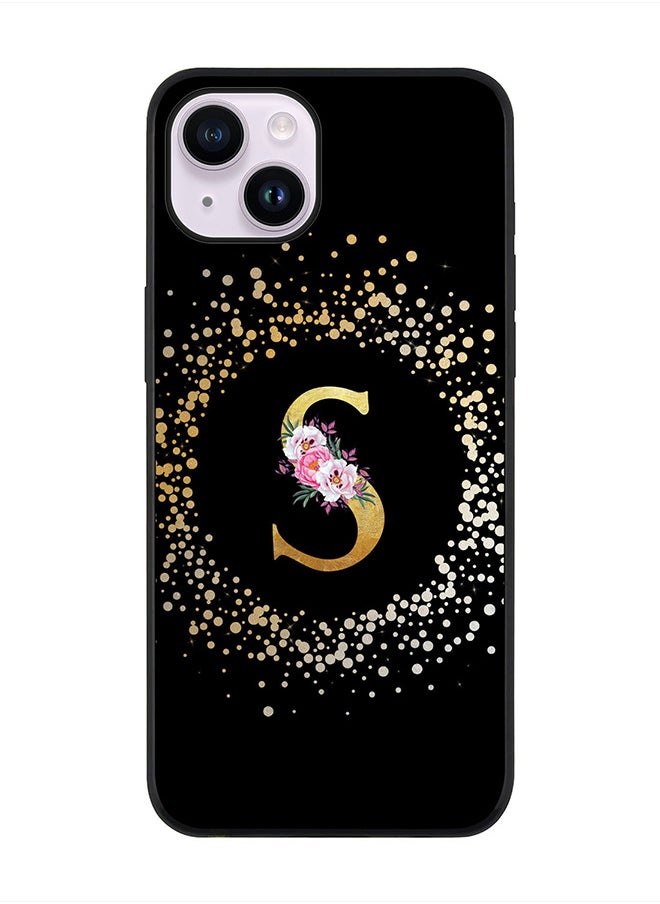Stylizedd Rugged Black edge case for Apple iPhone 14 Plus, Soft Flexible Phone case Custom Monogram Initial Letter Floral Pattern Alphabet - S (Black)  - Image 1