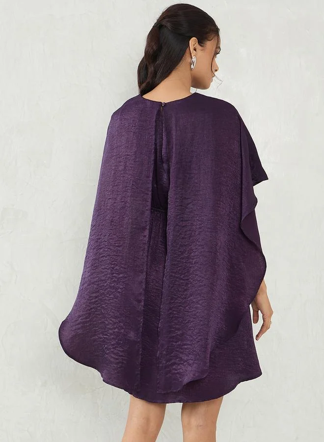 Femmella Deep Purple Satin Cape Sleeve Mini Dress